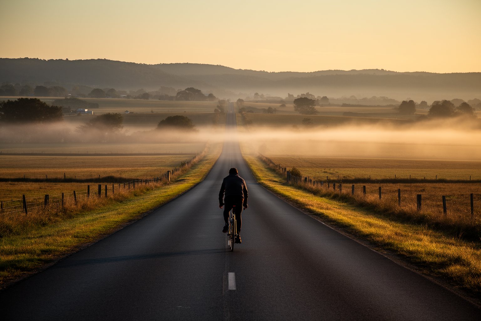 Cyclist riding a long straight country road at sunrise, the patient road to becoming a millionaire