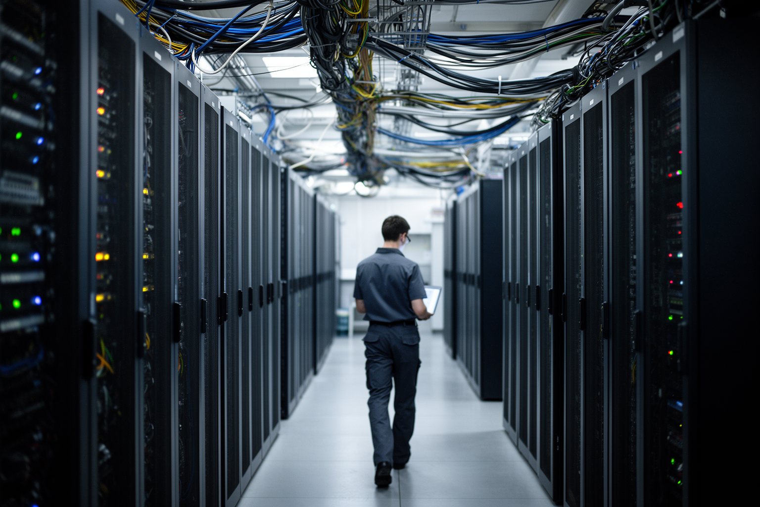The Impact of Cryptocurrency on the Global Economy Technician walking a data centre aisle between racks of servers, the machines behind a blockchain
