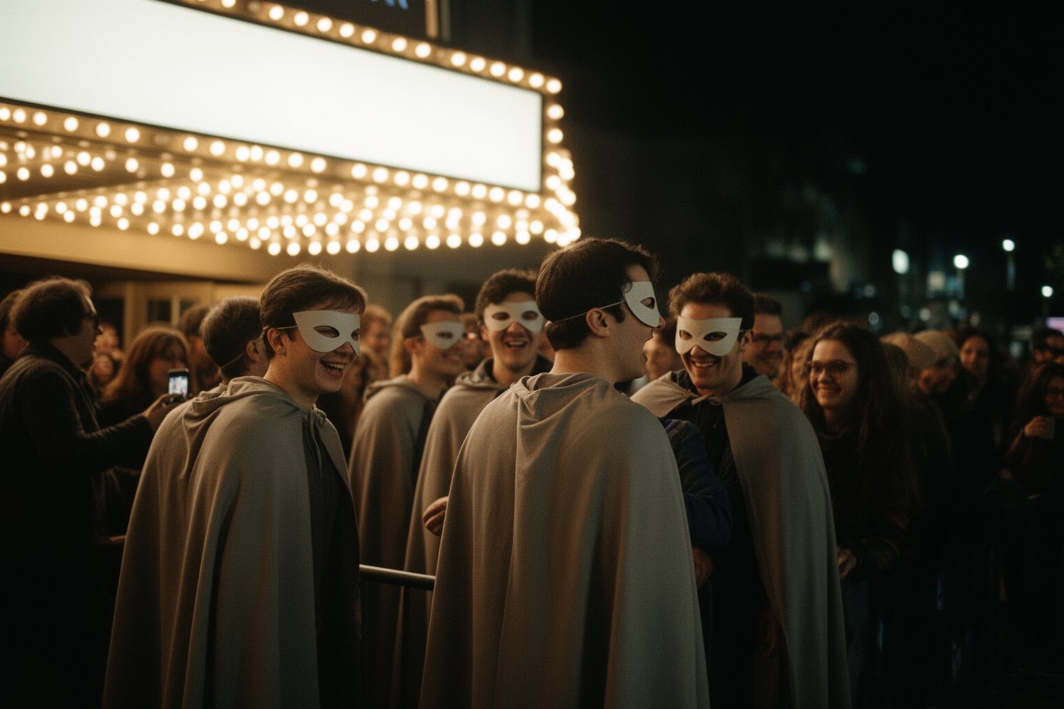 Unmasking Marvel: The Unexpected Evolution of Superhero Cinema Fans, some in superhero cosplay, queuing outside a cinema at night for a premiere