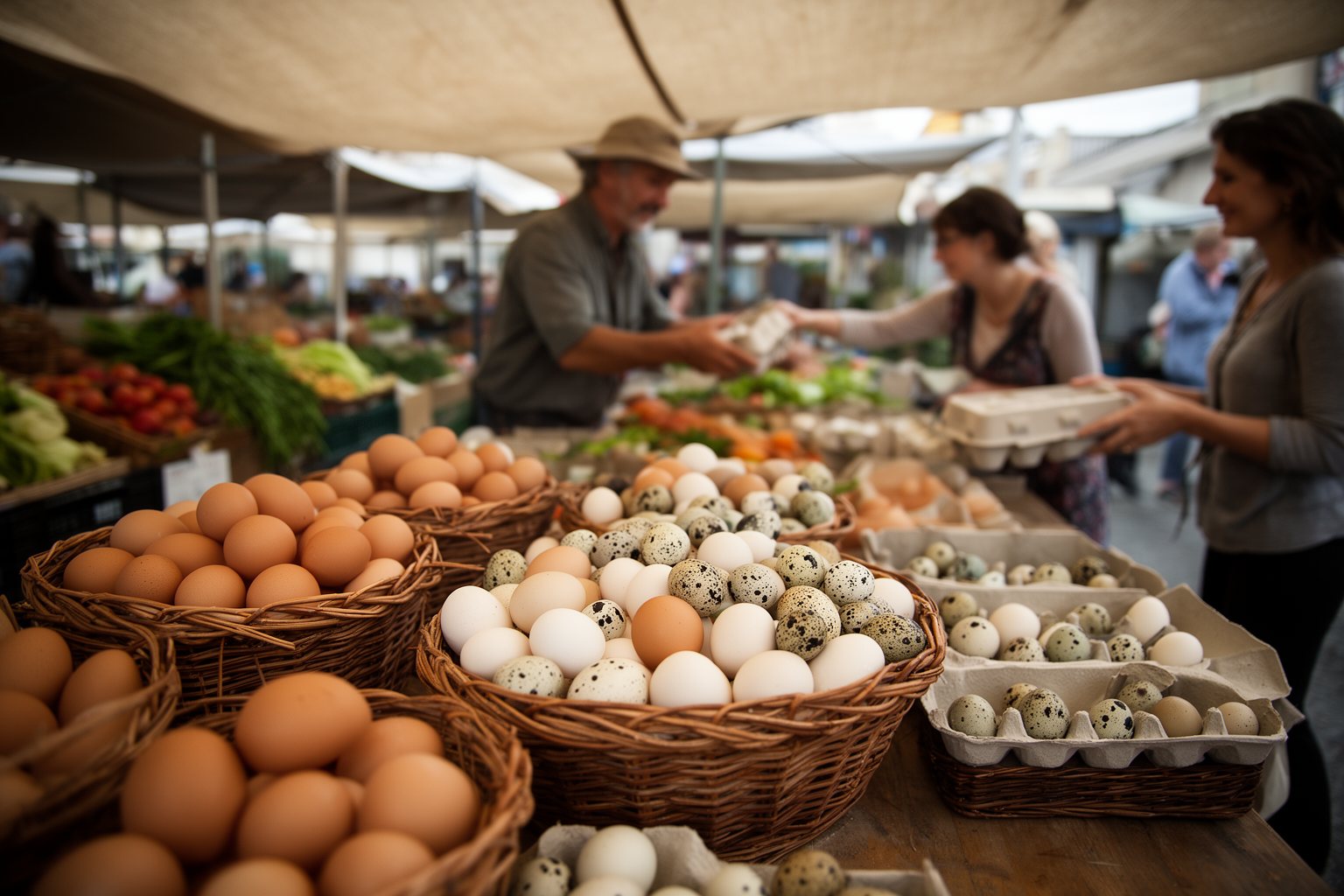 Farmers market stall with eggs spread across several woven baskets, a nod to diversification