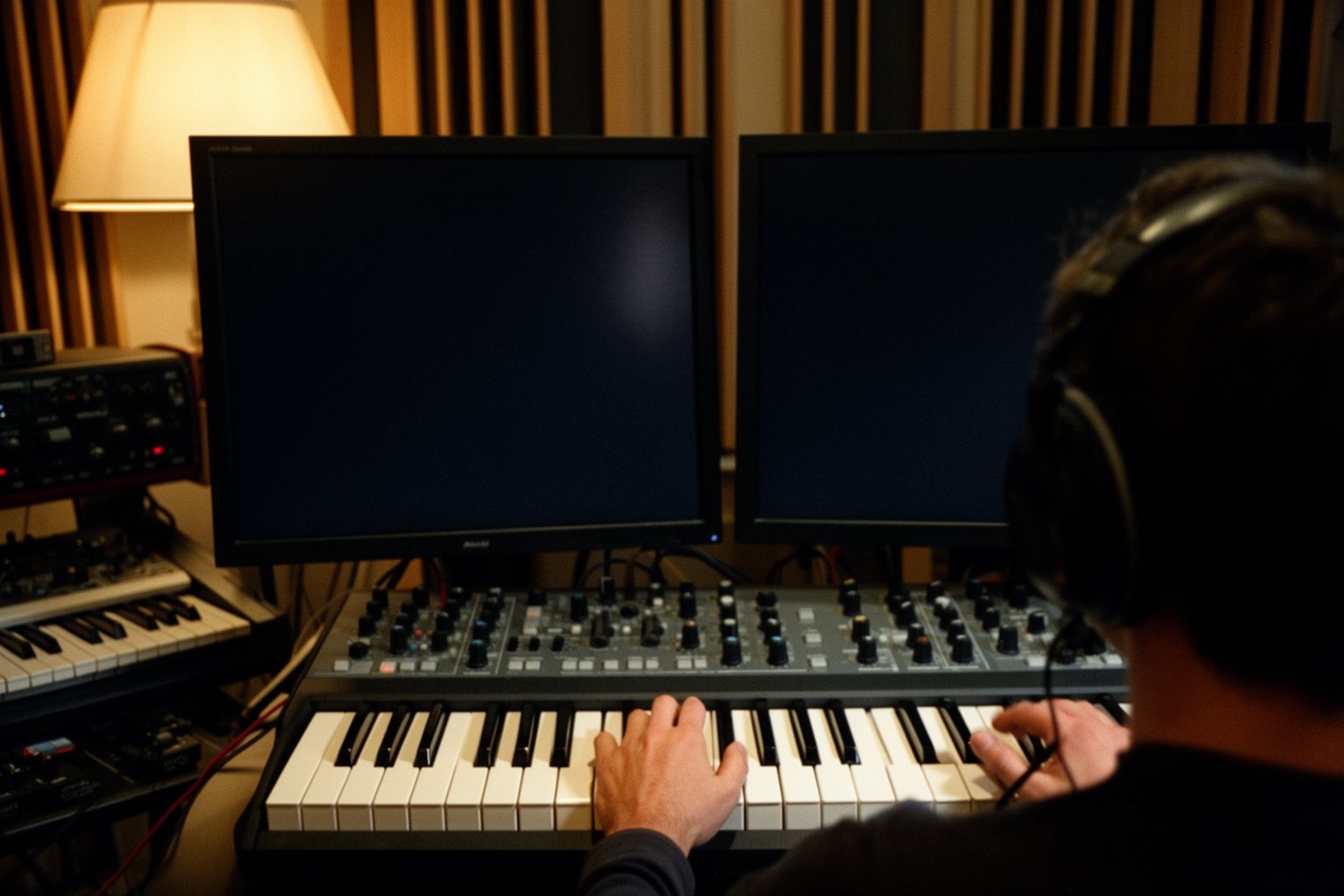 A Symphony of Emotions: The Invisible Power of Music in Film Film composer at a keyboard and mixing console in a home studio at night, monitors glowing