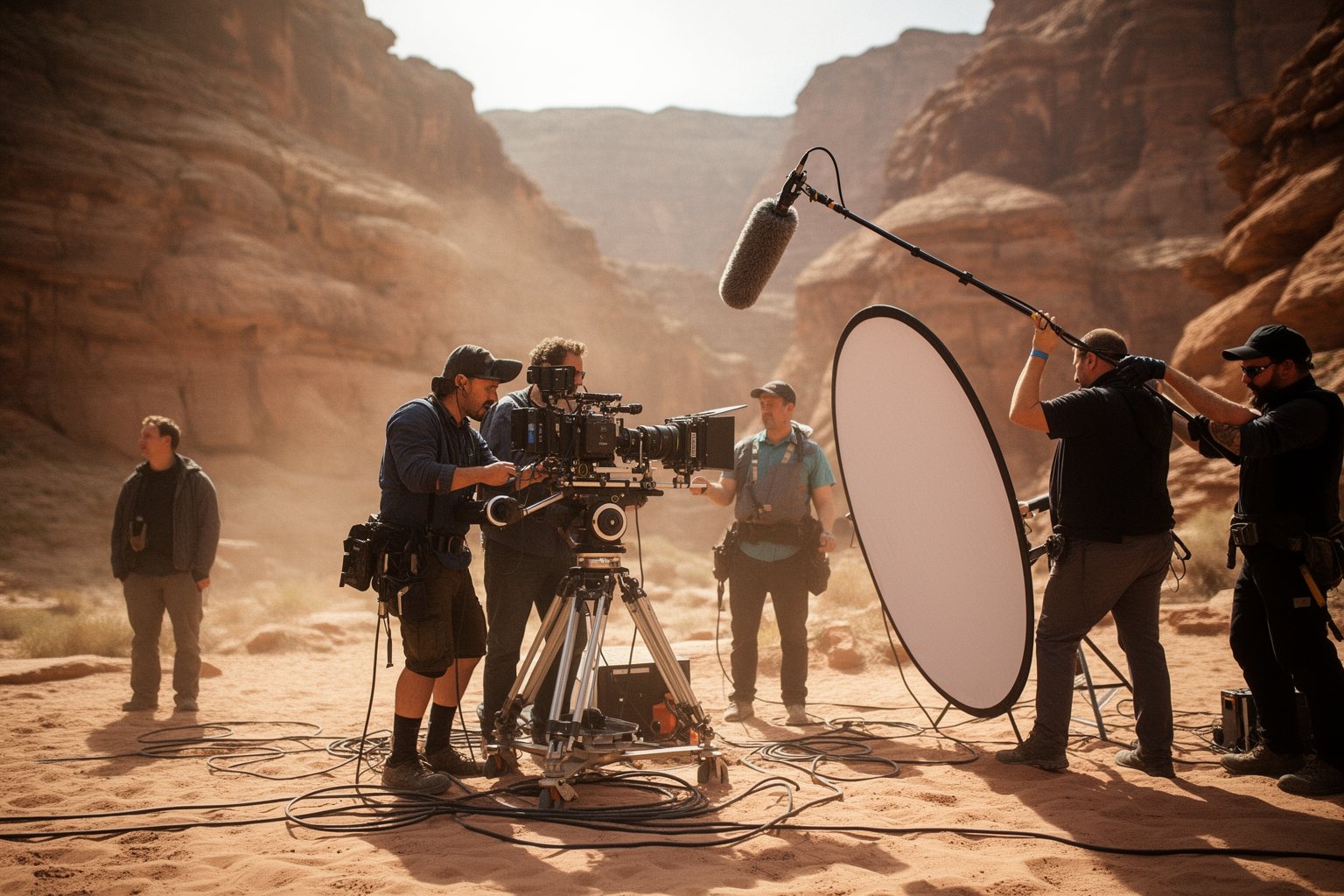 Behind The Scenes: The Shocking Truth About Blockbuster Movie Creation! Film crew behind the camera on a daytime location shoot, boom operator and focus puller at work
