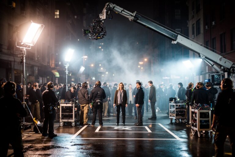 Behind The Scenes: The Shocking Truth About Blockbuster Movie Creation! Film crew working around a camera crane and big lights on a blockbuster movie set at night