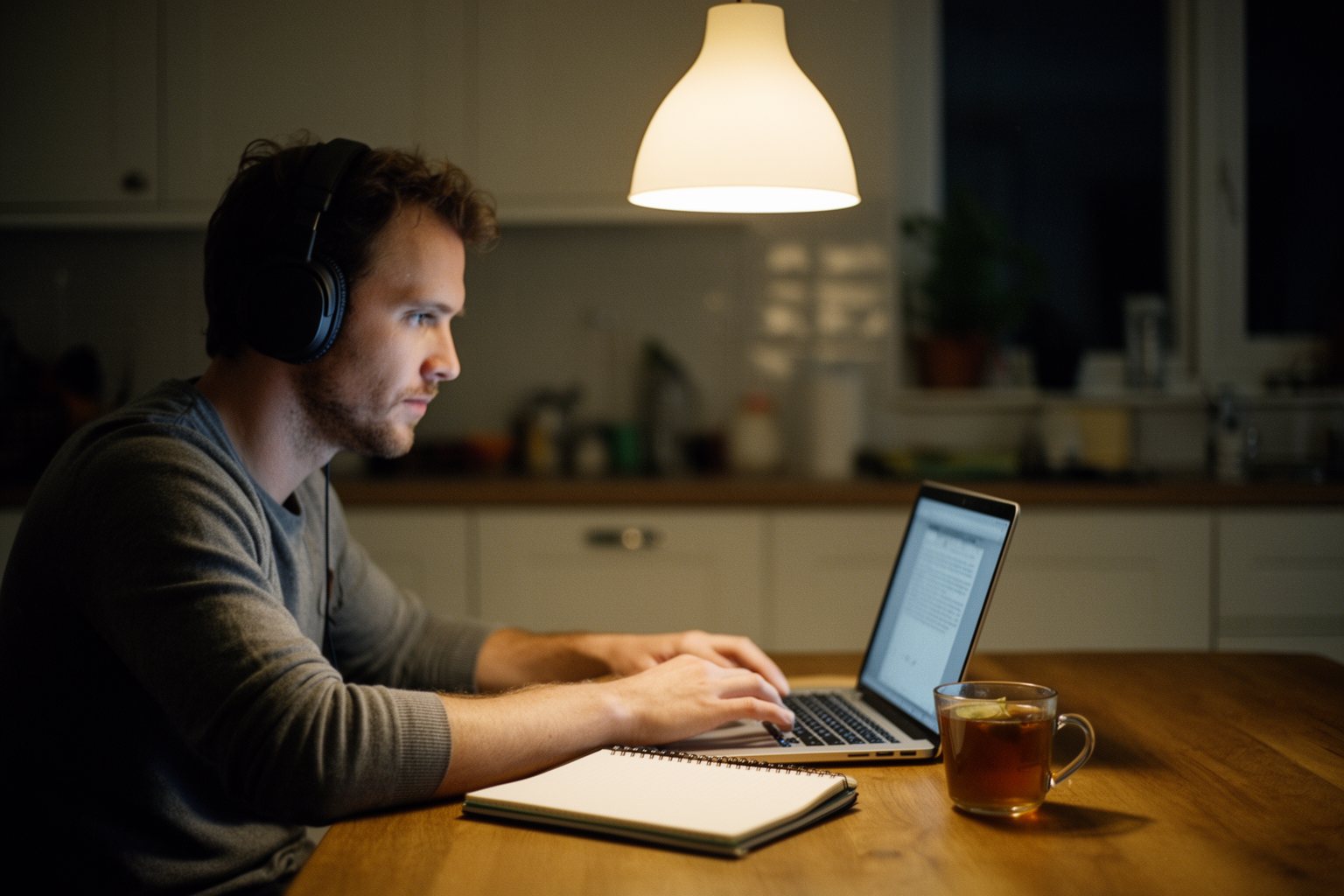 Man freelancing on a laptop at a kitchen table in the evening to earn extra travel cash