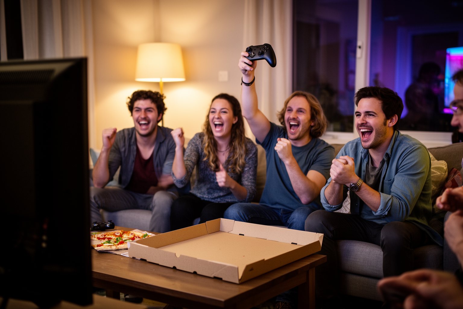 Minecraft vs Roblox: The Ultimate Showdown Friends celebrating a win during a sandbox game night in a living room