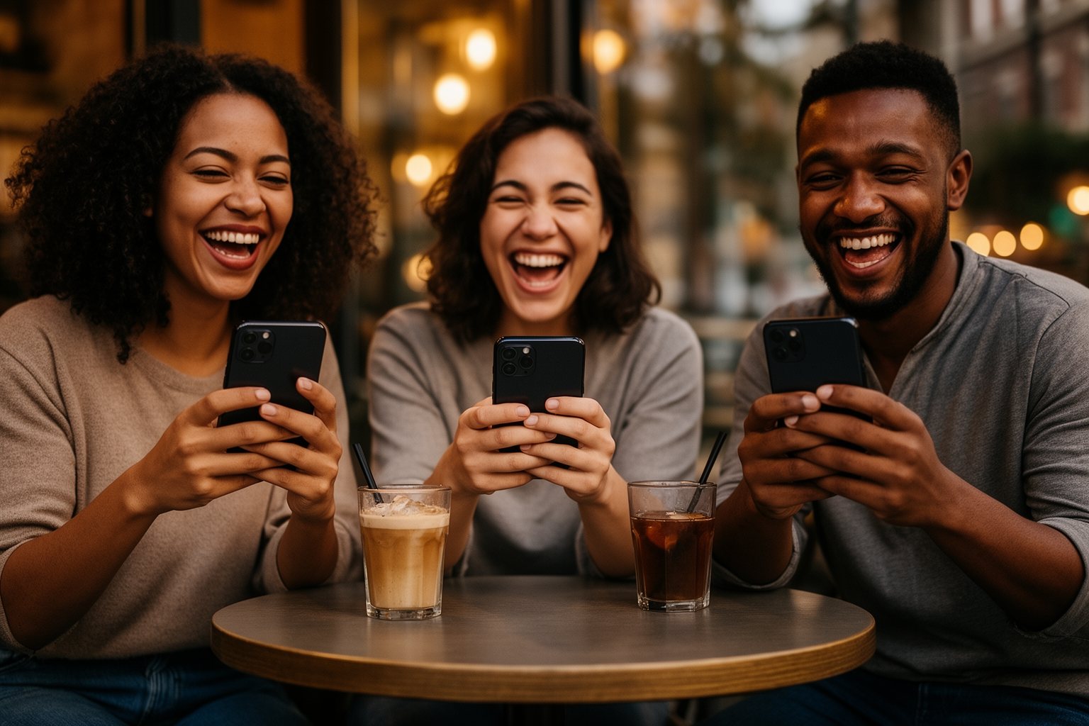 Unleashing the Power of Fingers: The Spectacular Rise of Mobile Gaming Group of friends laughing around a café table while playing a multiplayer game on their phones