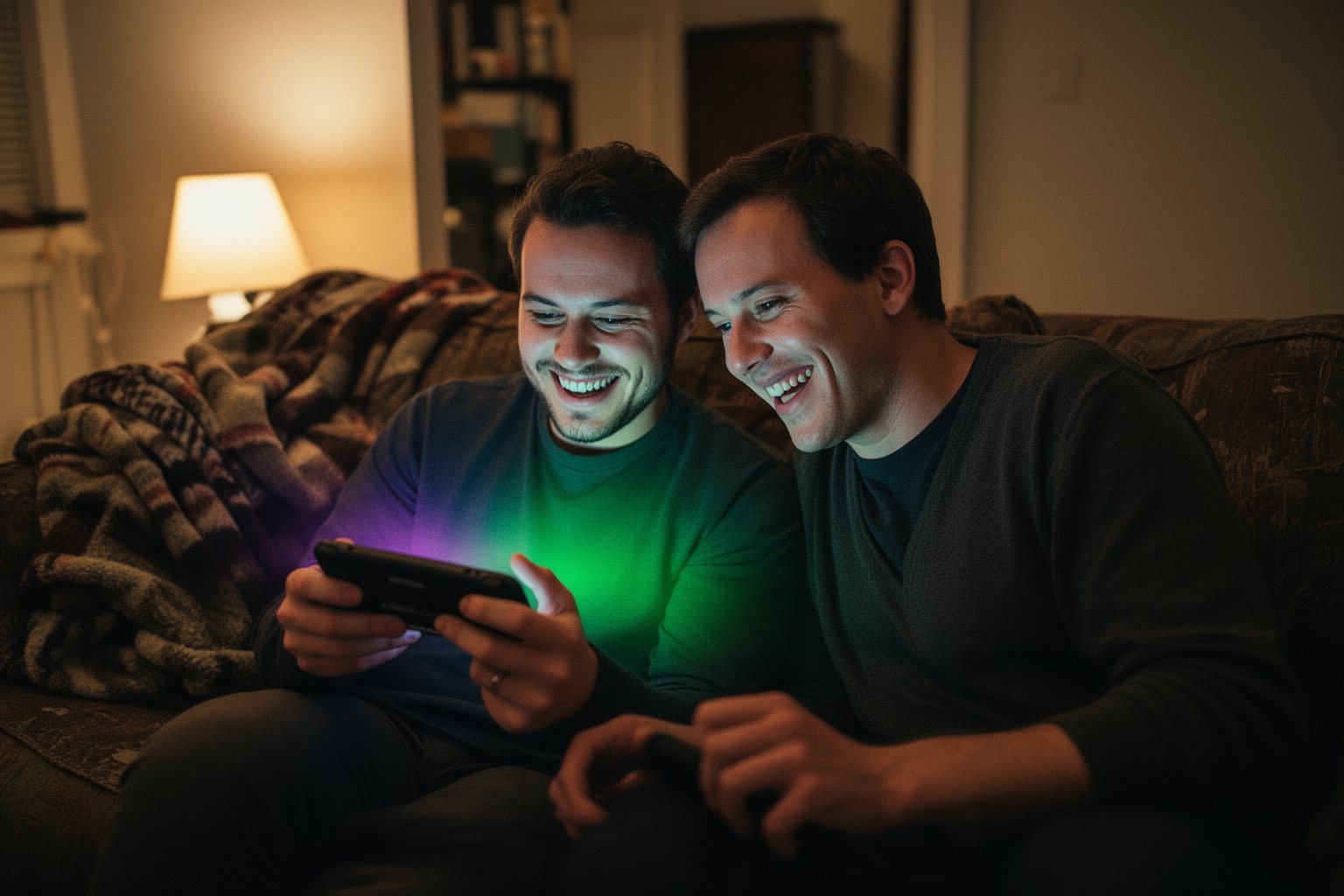 Unleashing the Indie Giants: Your Ultimate Guide to the Year's Best Indie Games Two friends on a couch sharing a pixel-art indie game on a handheld console