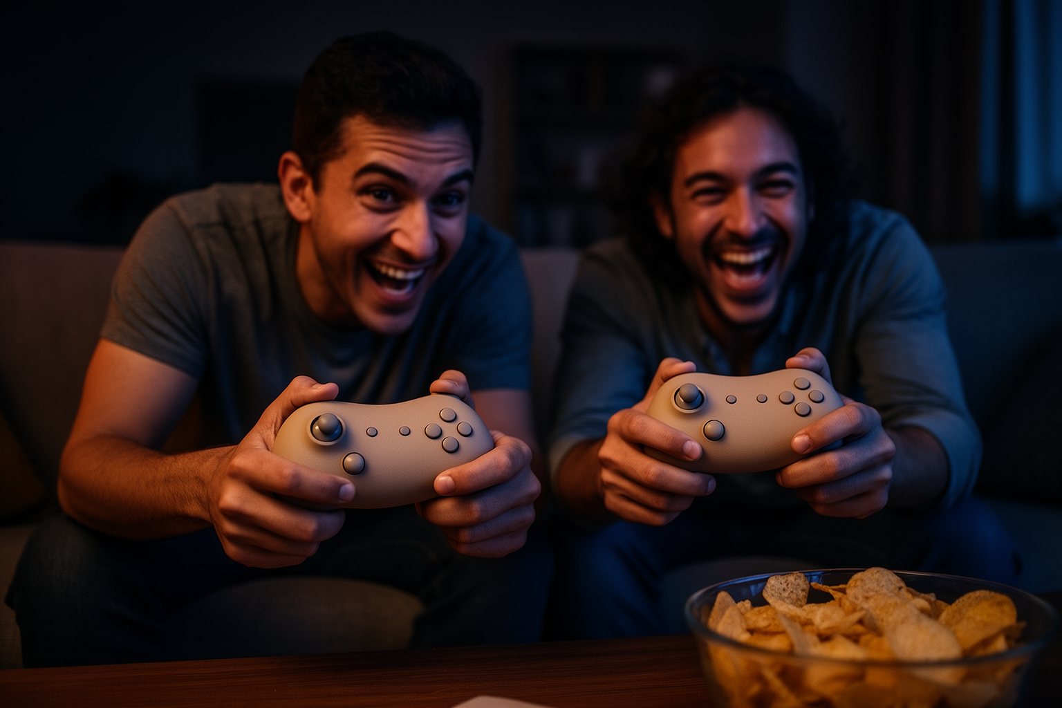 Unveiling the Unseen: The Ultimate Guide to The Latest PlayStation 5 Games Two friends on a couch at night, faces lit by an action game on the TV, controllers in hand