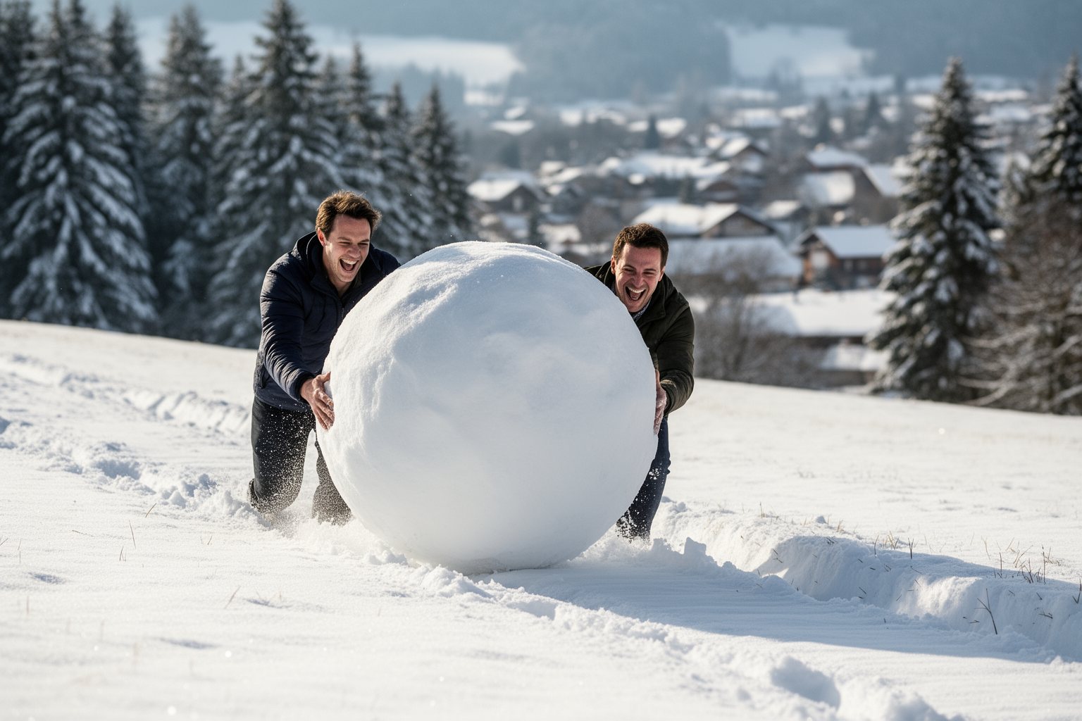 Two friends rolling a giant snowball down a snowy hillside, a picture of how compounding grows