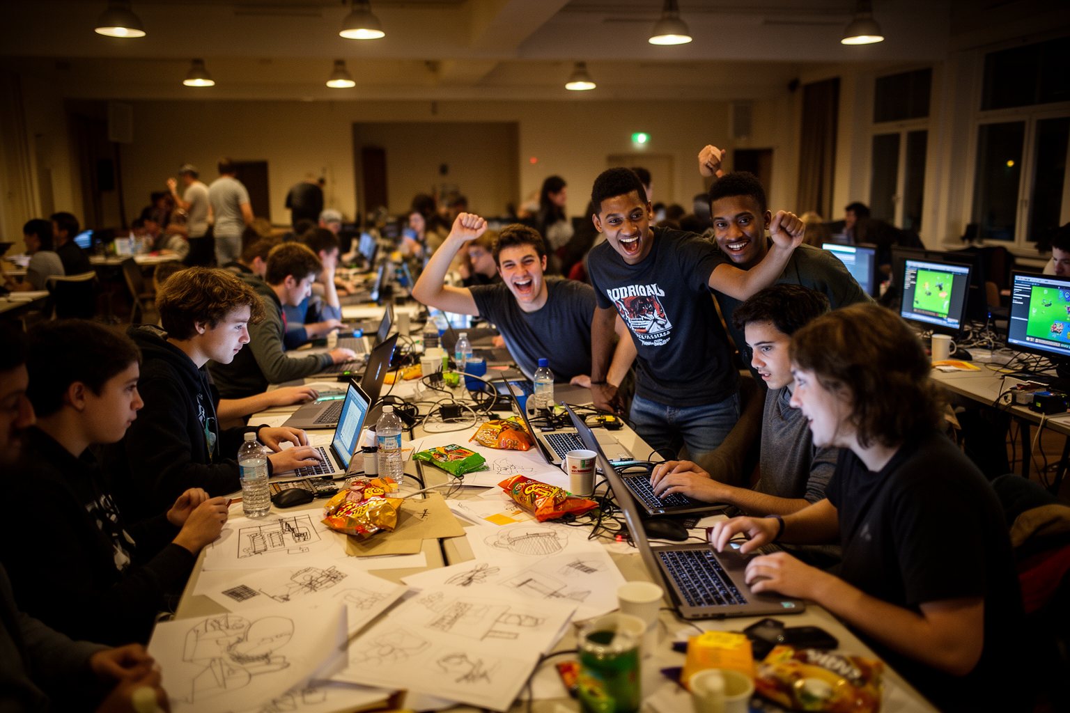 Unleashing the Indie Giants: Your Ultimate Guide to the Year's Best Indie Games Young developers building games through the night at a game jam, laptops and sketches on long tables
