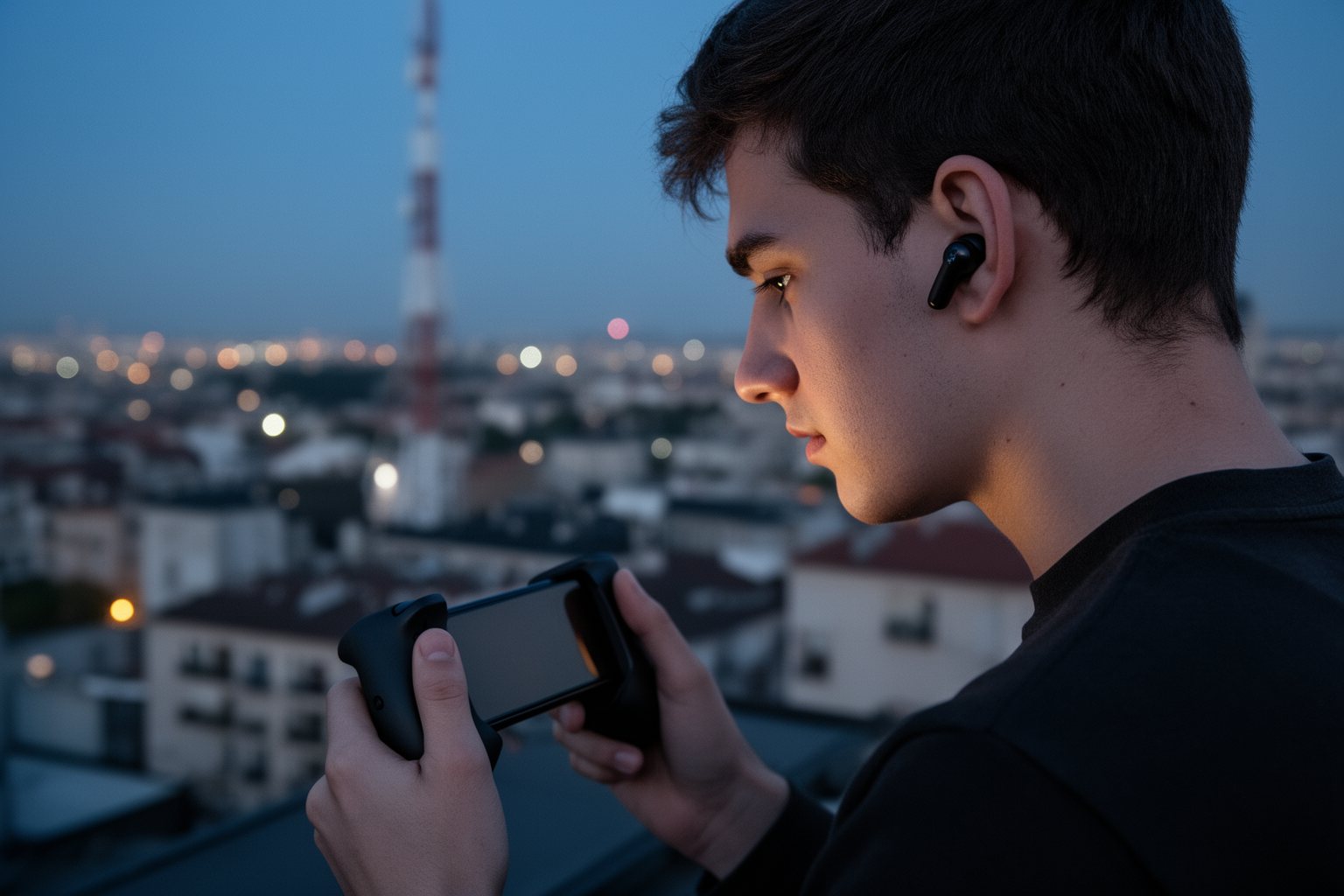 Unleashing the Power of Fingers: The Spectacular Rise of Mobile Gaming Gamer on a rooftop at dusk playing on a phone clipped into a controller grip, city lights behind