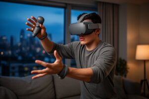 Virtual Reality Gaming: The Next Generation of Play Young man playing virtual reality games in a VR headset, controllers raised, in a living room at dusk