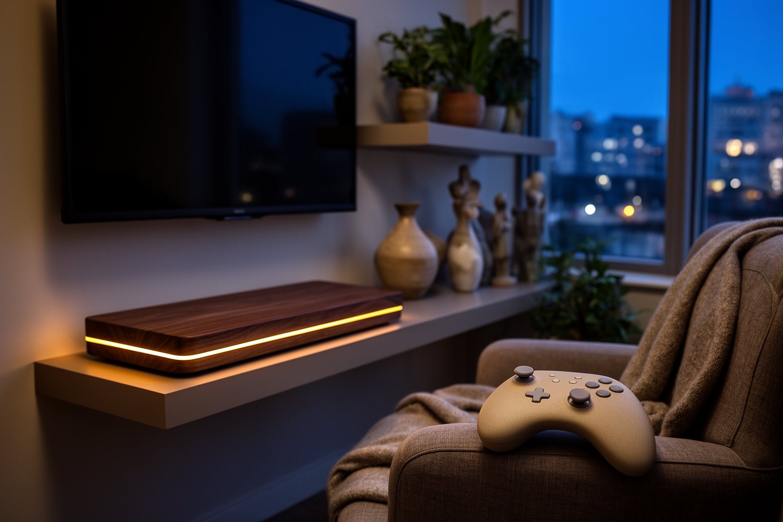 Unveiling the Unseen: The Ultimate Guide to The Latest PlayStation 5 Games Cosy apartment gaming corner at blue hour, a console glowing under the TV beside a city window