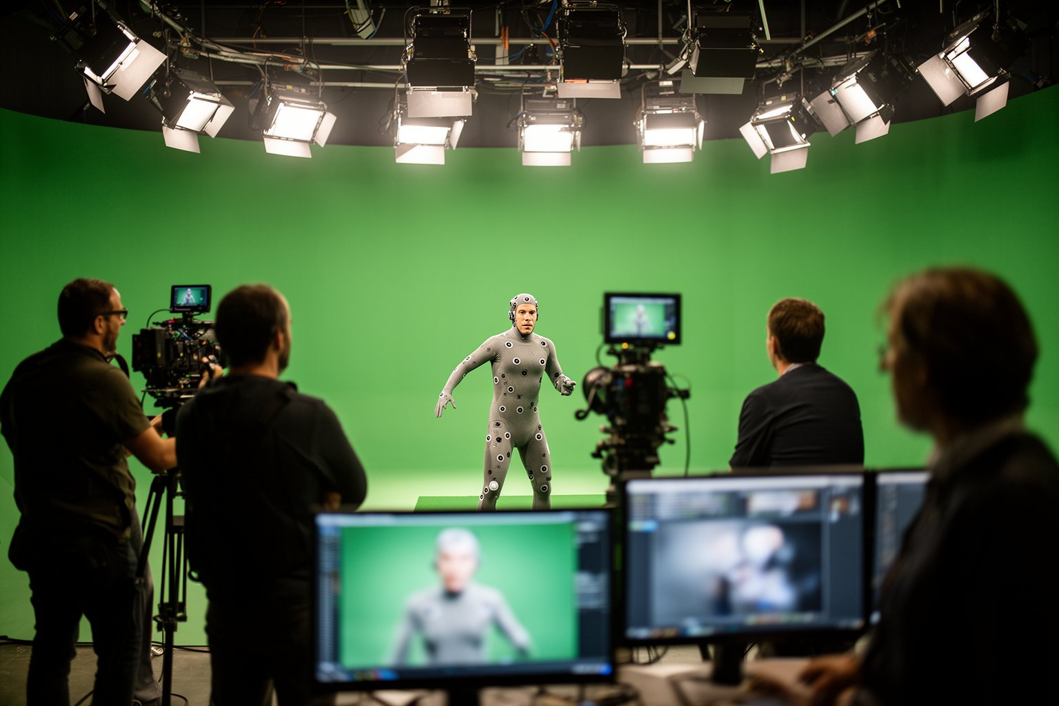 Behind The Scenes: The Shocking Truth About Blockbuster Movie Creation! Actor in a motion-capture suit on a green screen stage while crew film for visual effects