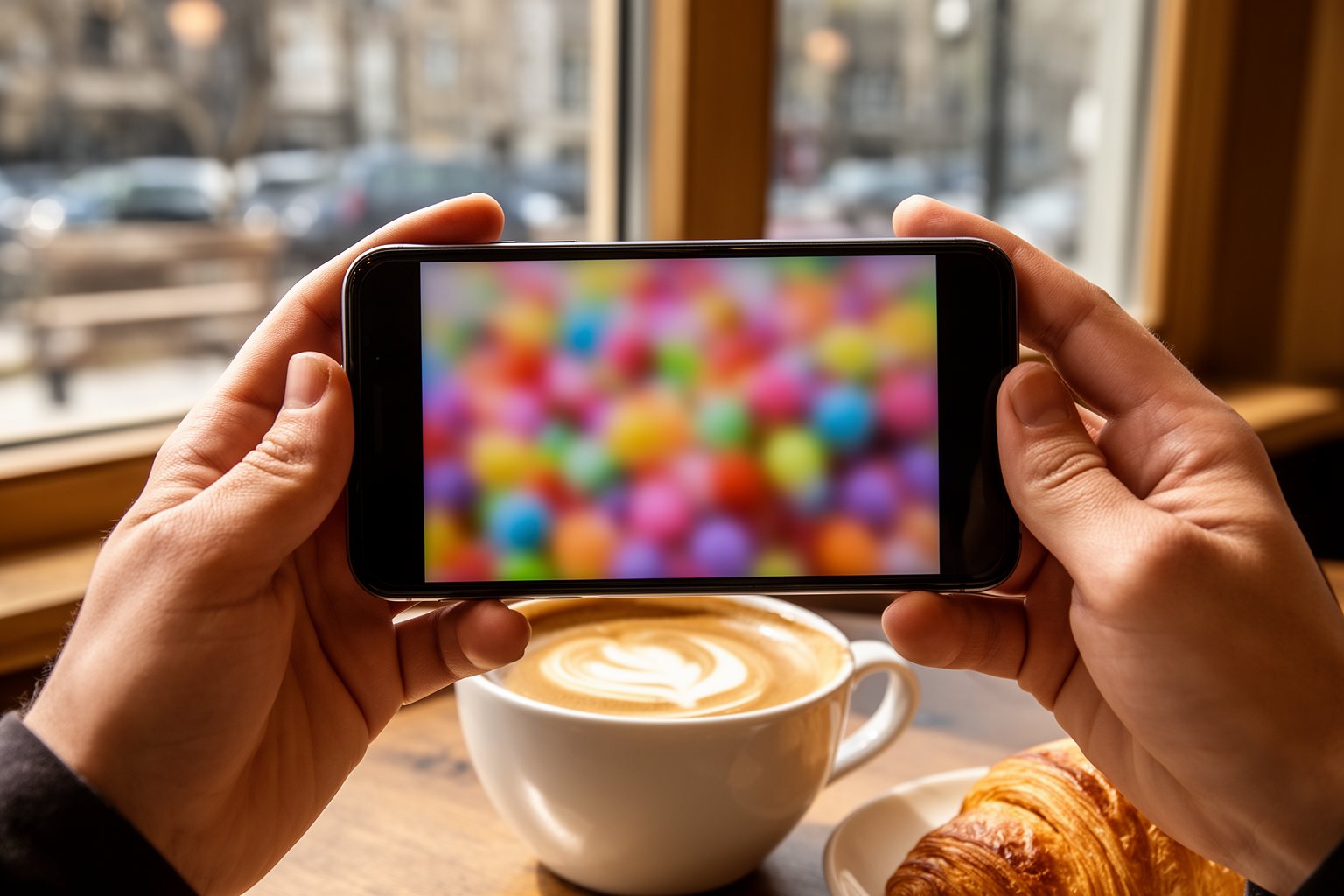 Unleashing the Power of Fingers: The Spectacular Rise of Mobile Gaming Close-up of hands tapping a colourful smartphone game at a café table with a coffee cup