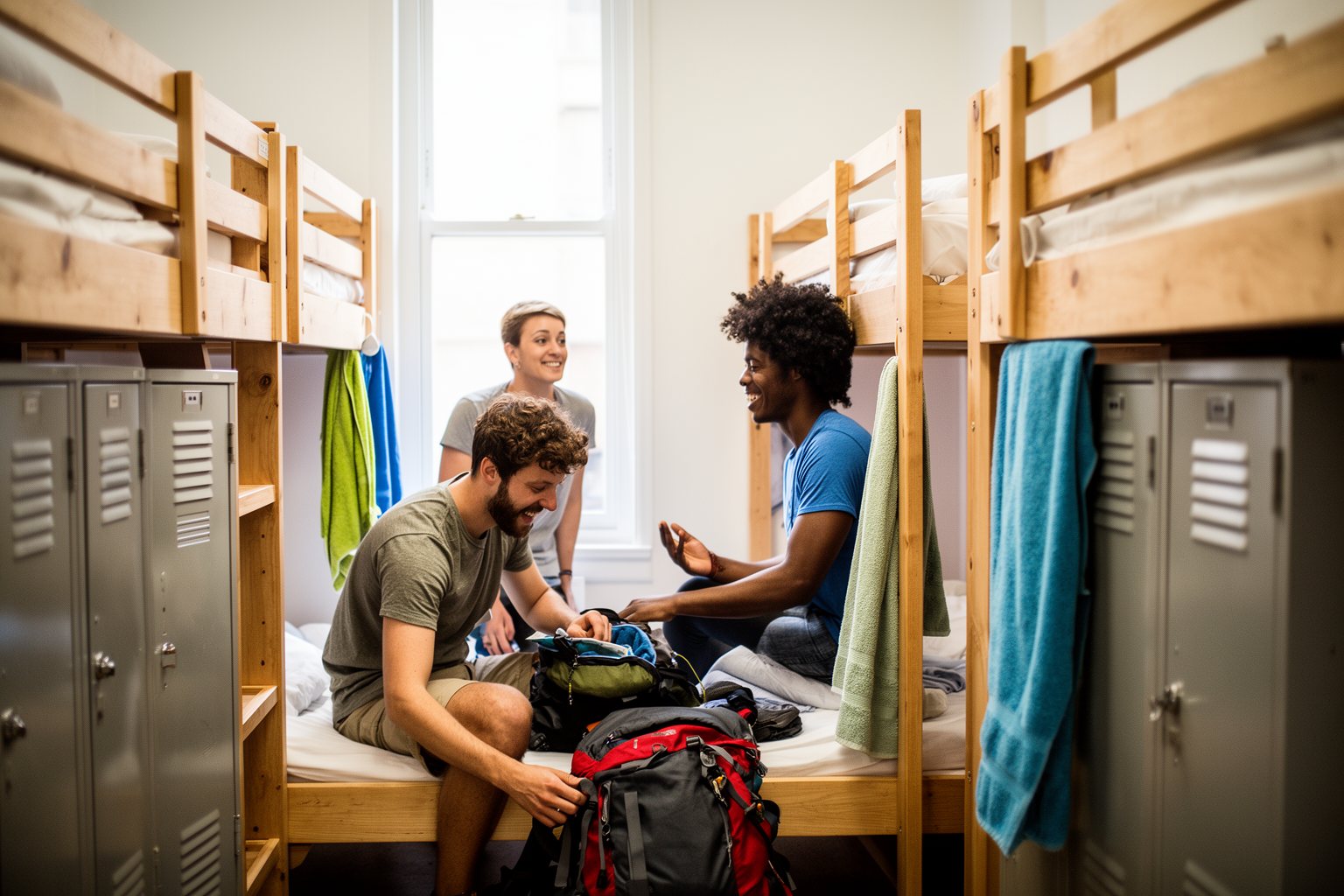 5 Unbelievable Ways to Plan a Trip on a Shoestring Budget Travellers chatting in a bright hostel dorm room with wooden bunk beds and lockers