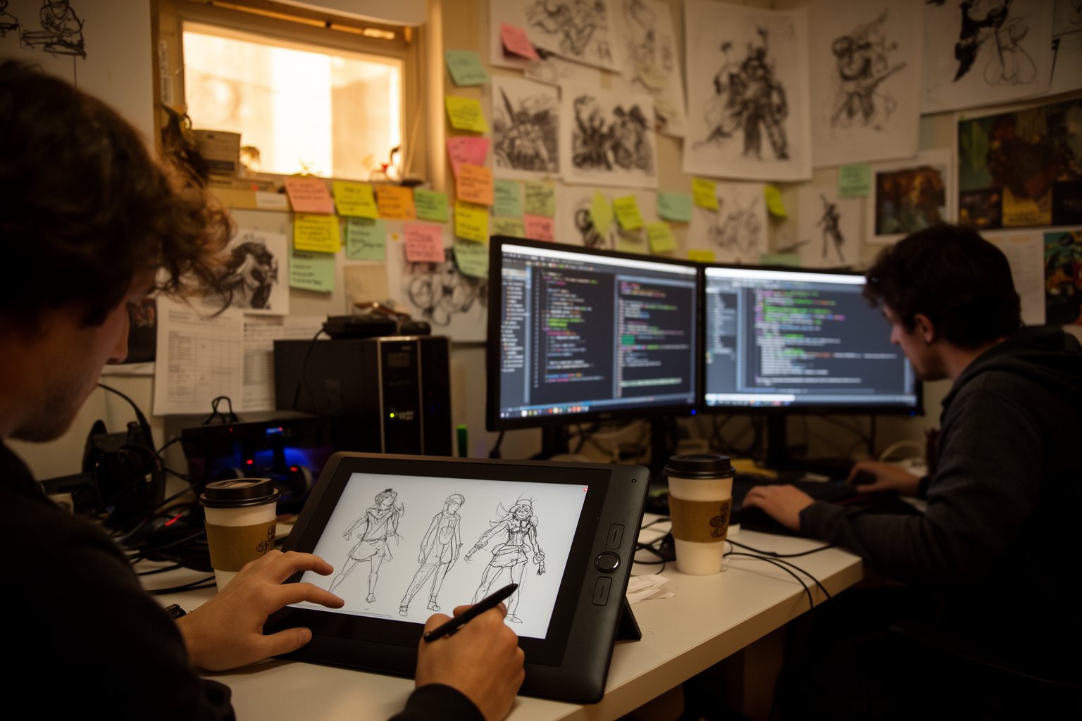 Unleashing the Indie Giants: Your Ultimate Guide to the Year's Best Indie Games Indie game developers in a cramped studio, one drawing on a tablet with sketches pinned to the wall