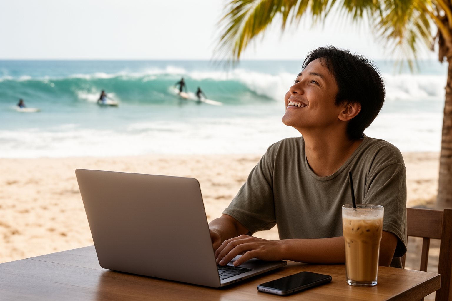 The Impact of Cryptocurrency on the Global Economy Person using a laptop at a beachside café while surfers ride waves in the background