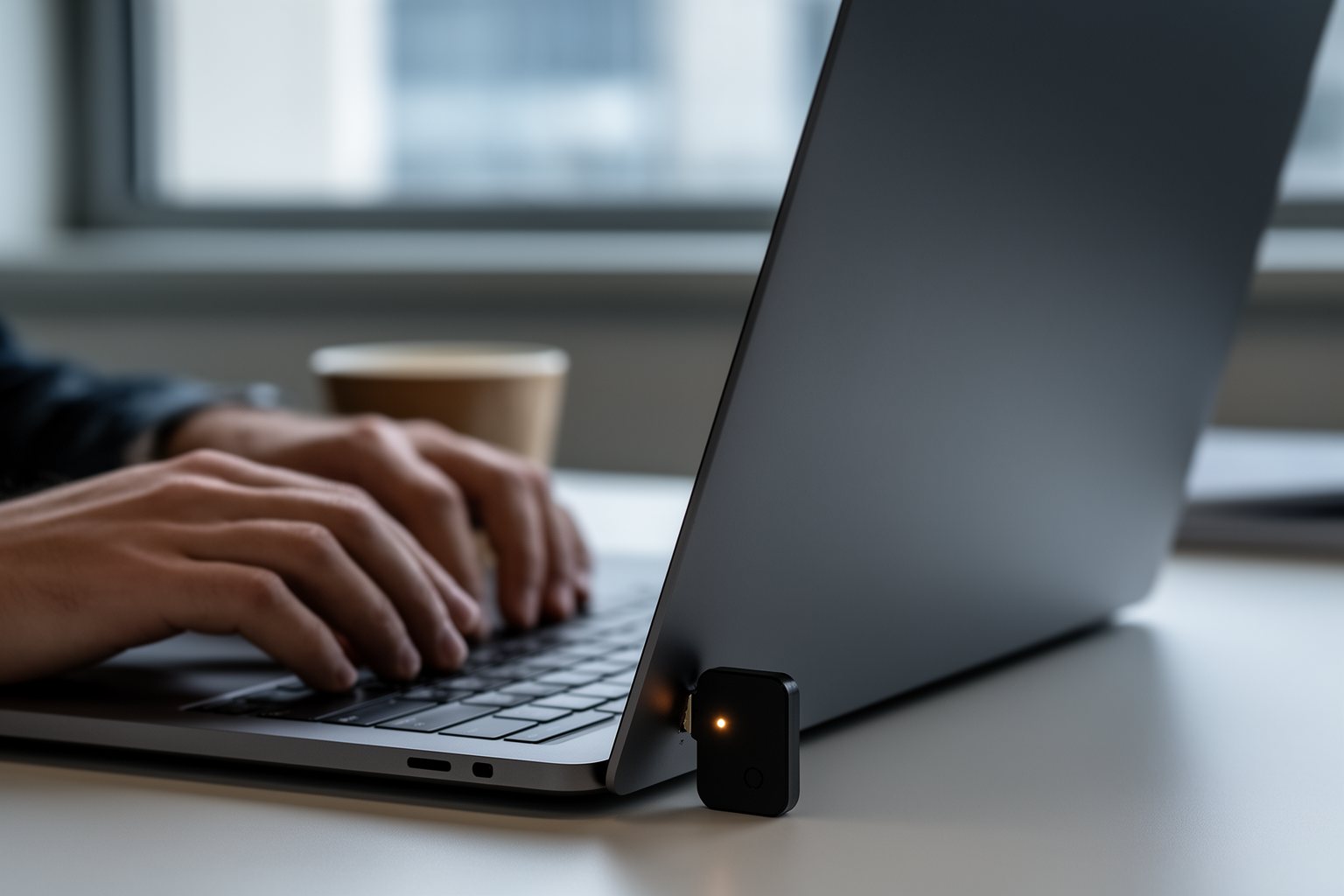 Person using a laptop with a hardware security key plugged in for encrypted email