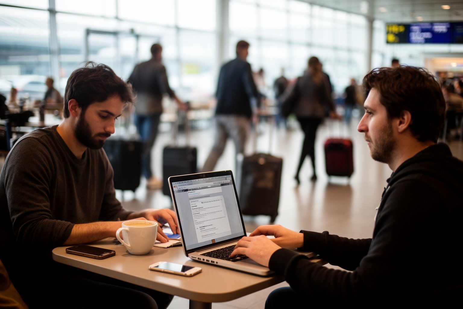 ExpressVPN vs NordVPN vs ProtonVPN: The Ultimate Showdown Remote worker on a laptop in a busy airport café using public wi-fi