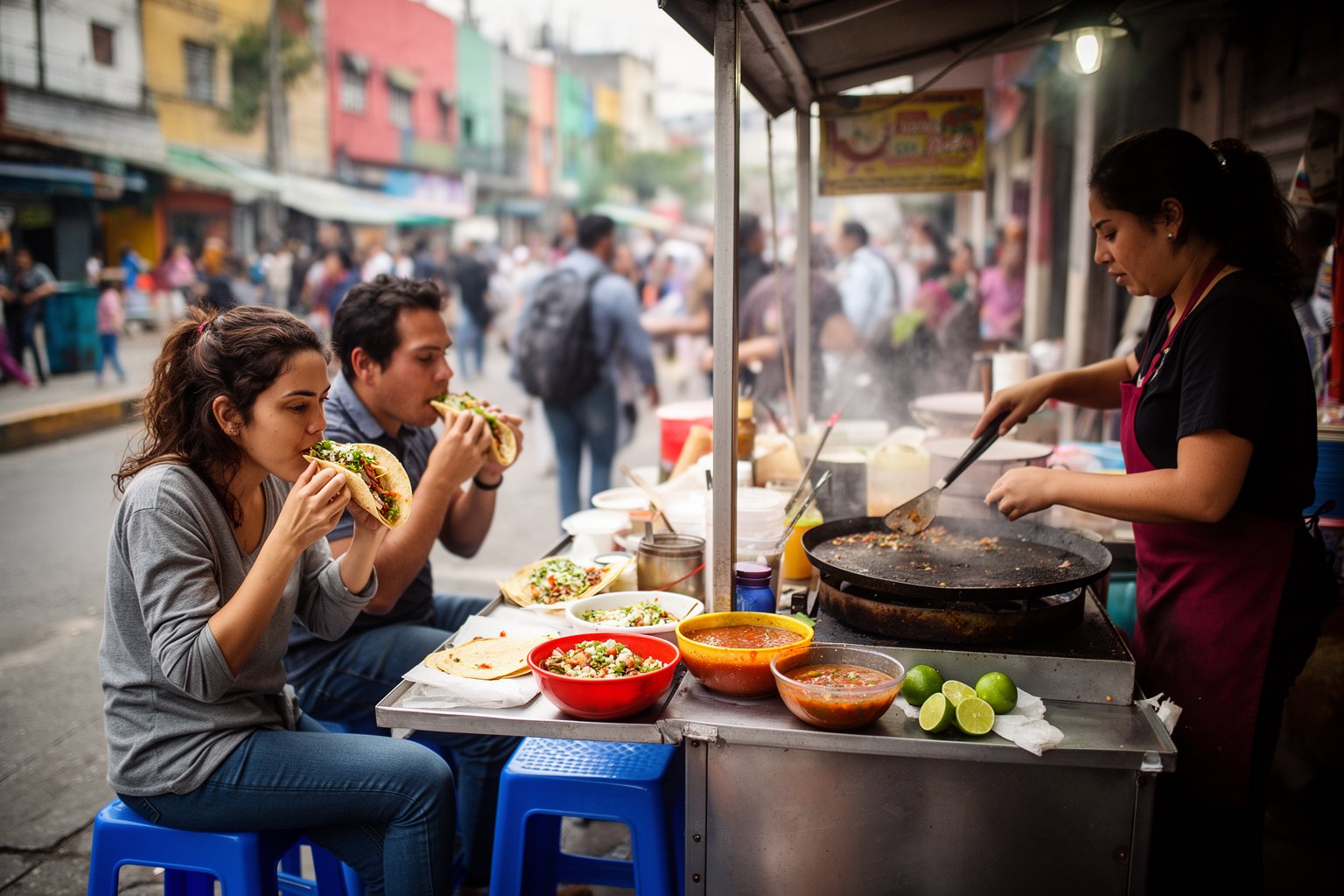 Managing Finances Abroad: A Practical Money Guide Travelers eating tacos at a busy local street stall in Mexico City to save money
