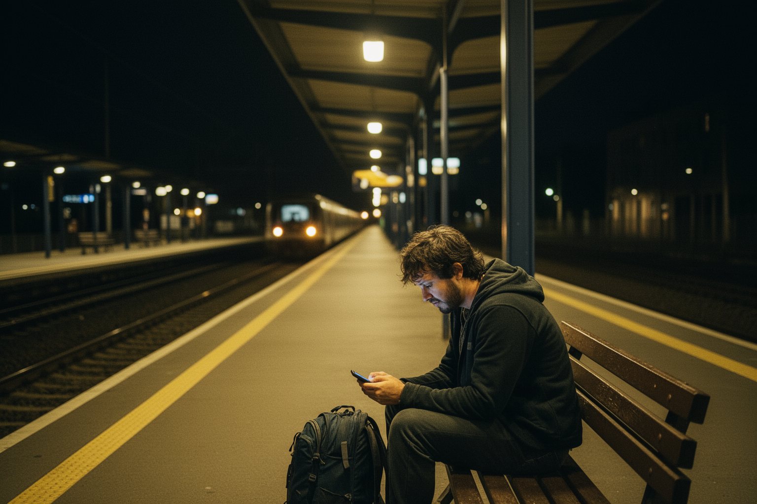 Solo Traveling Pros and Cons: Perks, Pitfalls and Tips Lone traveller sitting on a bench at a quiet train station at night, backpack beside them