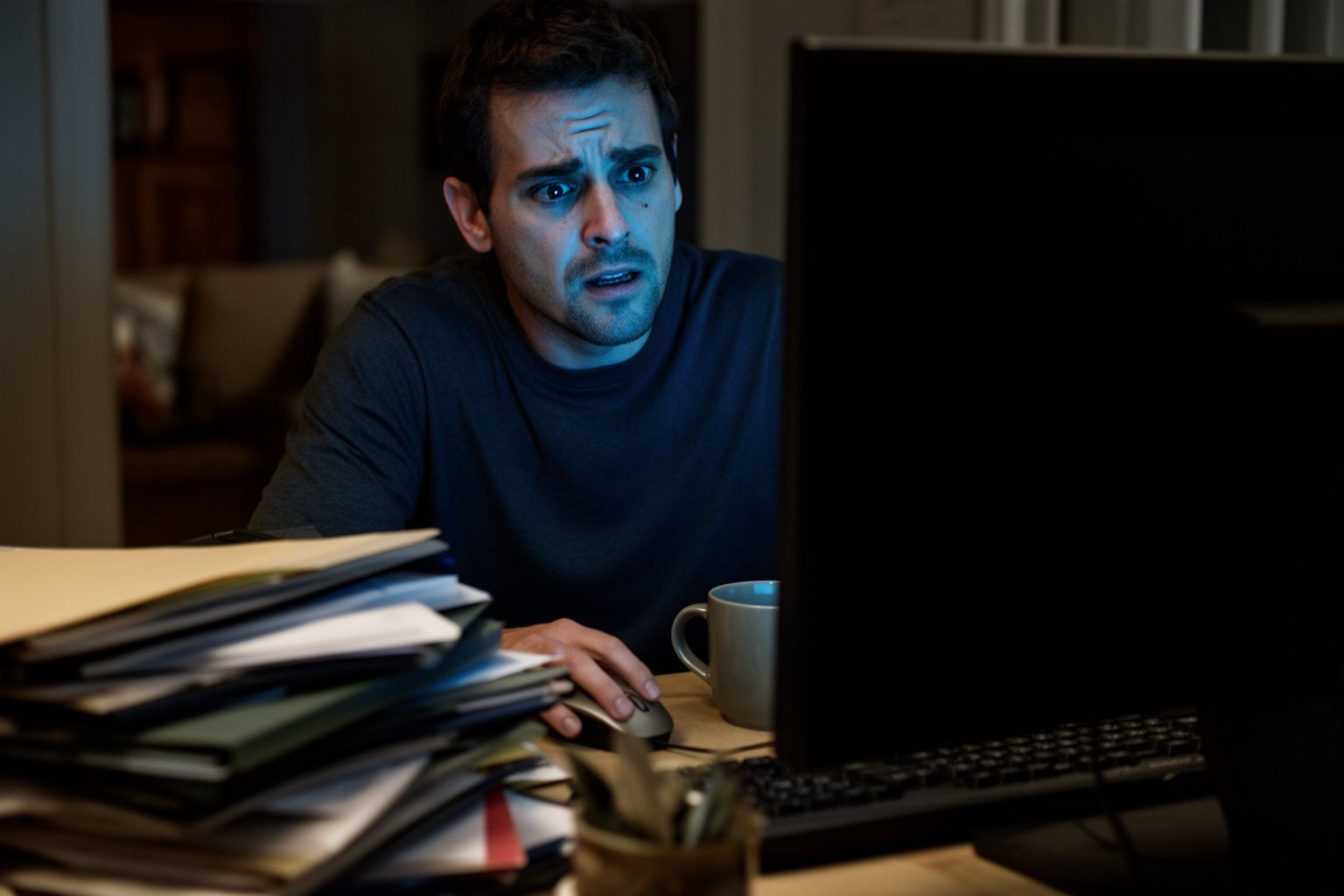 Man at a home desk at night looking uneasily at a cluttered email inbox