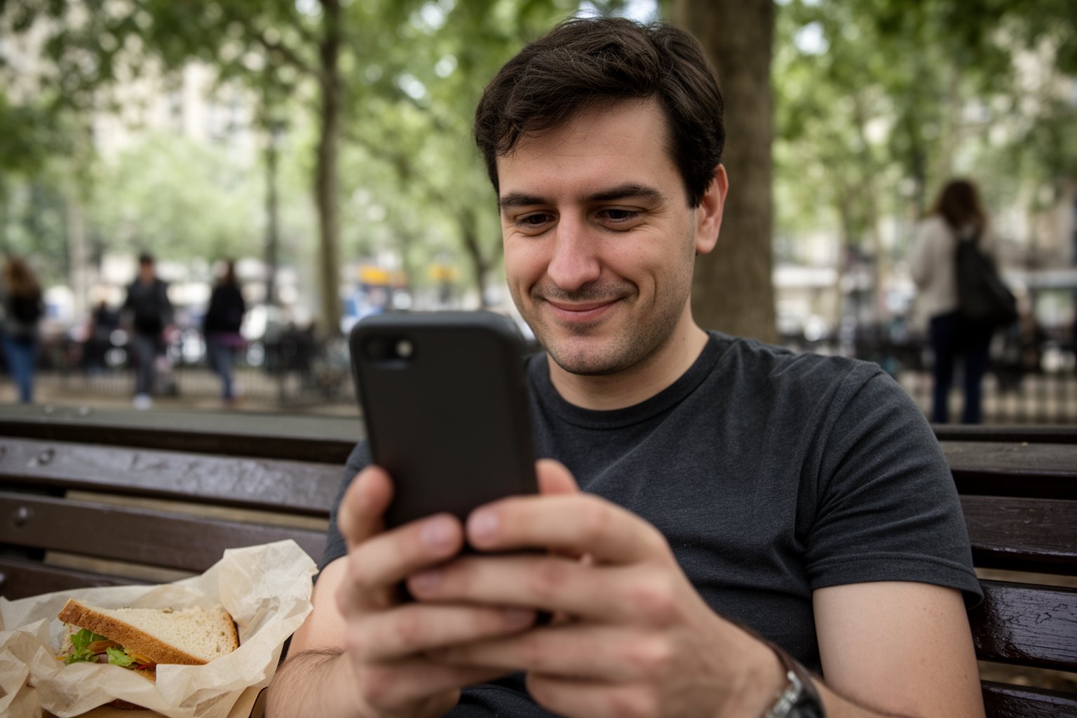 Stock Investments for Beginners: Where to Start Man on a city bench glancing at an investing app on his phone during lunch
