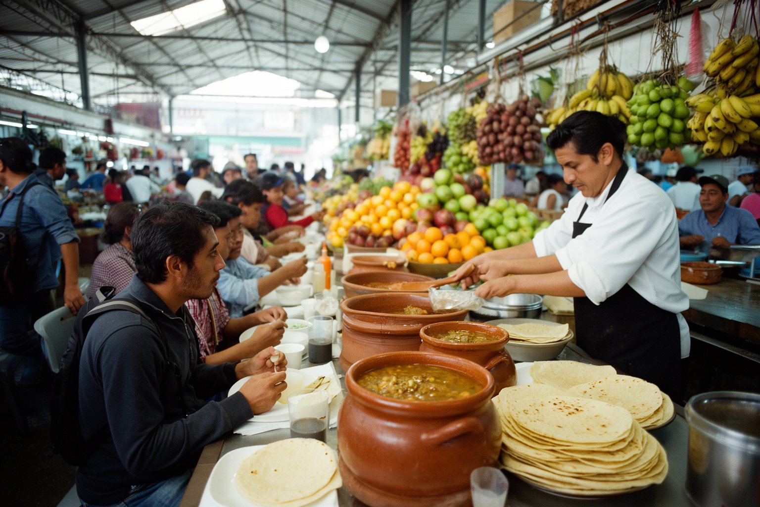 5 Unbelievable Ways to Plan a Trip on a Shoestring Budget Traveller eating a cheap lunch at a crowded market food counter among locals in Mexico City
