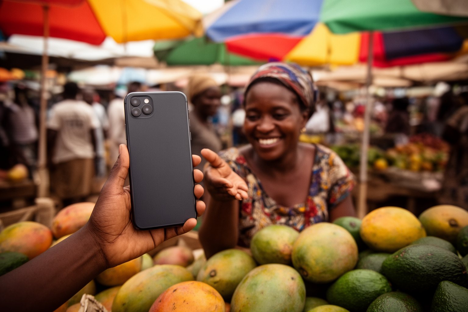 The Impact of Cryptocurrency on the Global Economy Customer paying a fruit vendor by phone at an open-air market in Nairobi, digital money in action