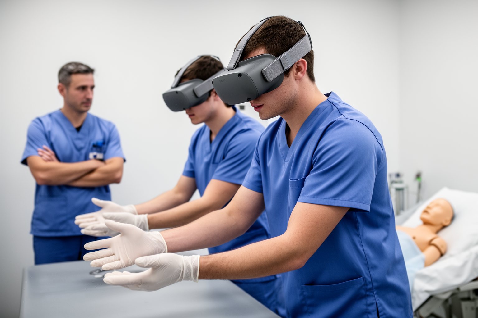 Virtual Reality Gaming: The Next Generation of Play Medical students in scrubs training with VR headsets in a university simulation lab