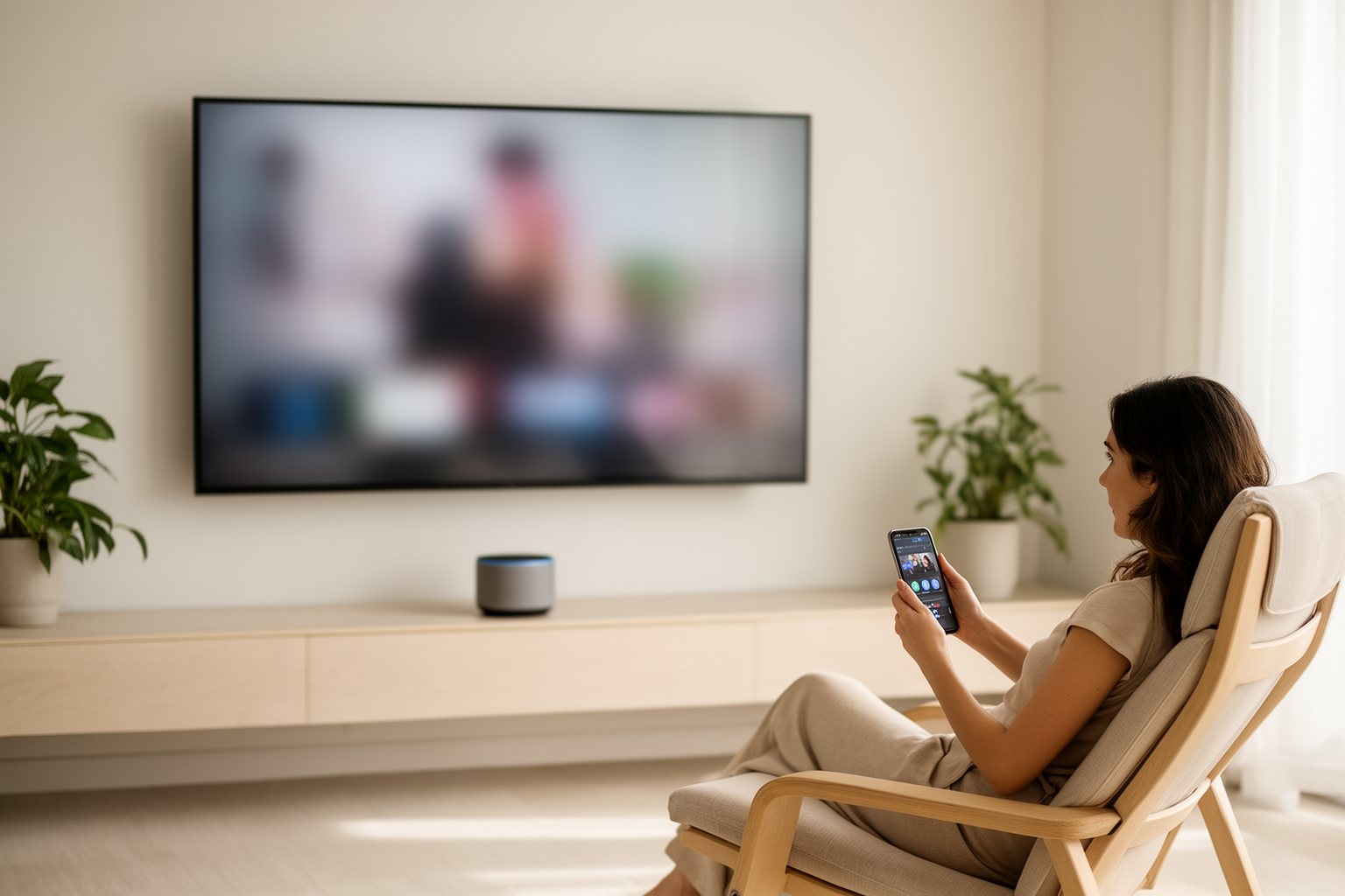 Streaming vs Traditional Television: Who Is Winning? Minimalist living room with a wall-mounted smart TV as a woman casts a show from her phone