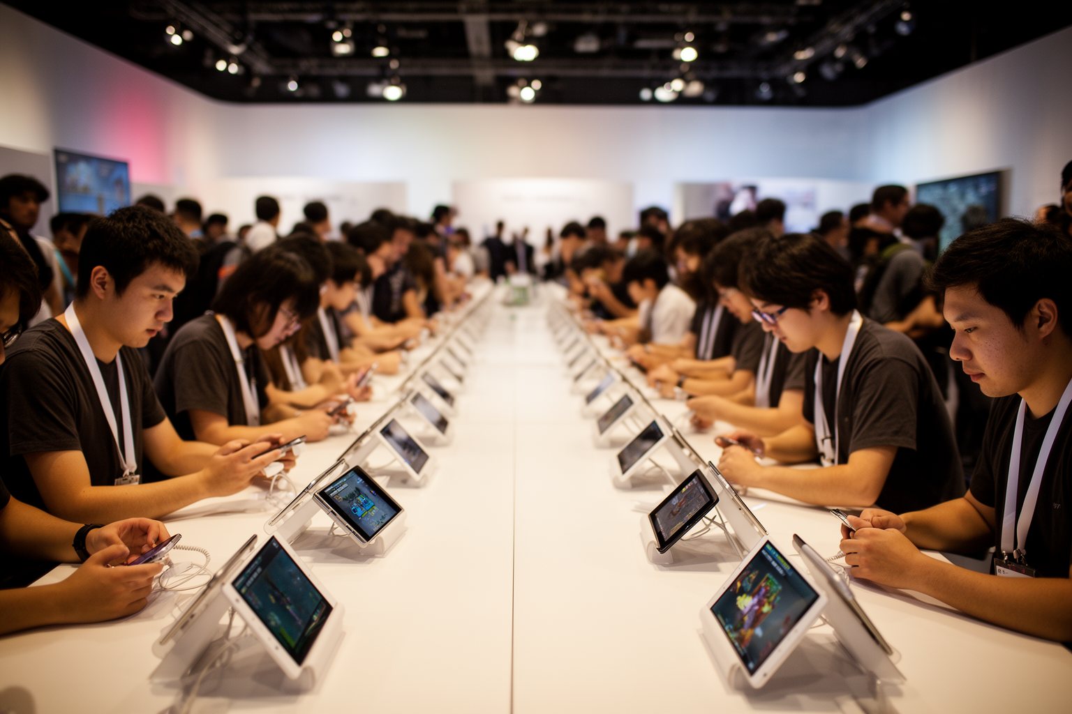 Unleashing the Power of Fingers: The Spectacular Rise of Mobile Gaming Visitors trying mobile games on rows of smartphones mounted on demo stands at a busy game expo