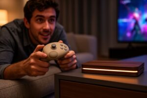 Player on a sofa with a controller beside a next-gen game console in the evening