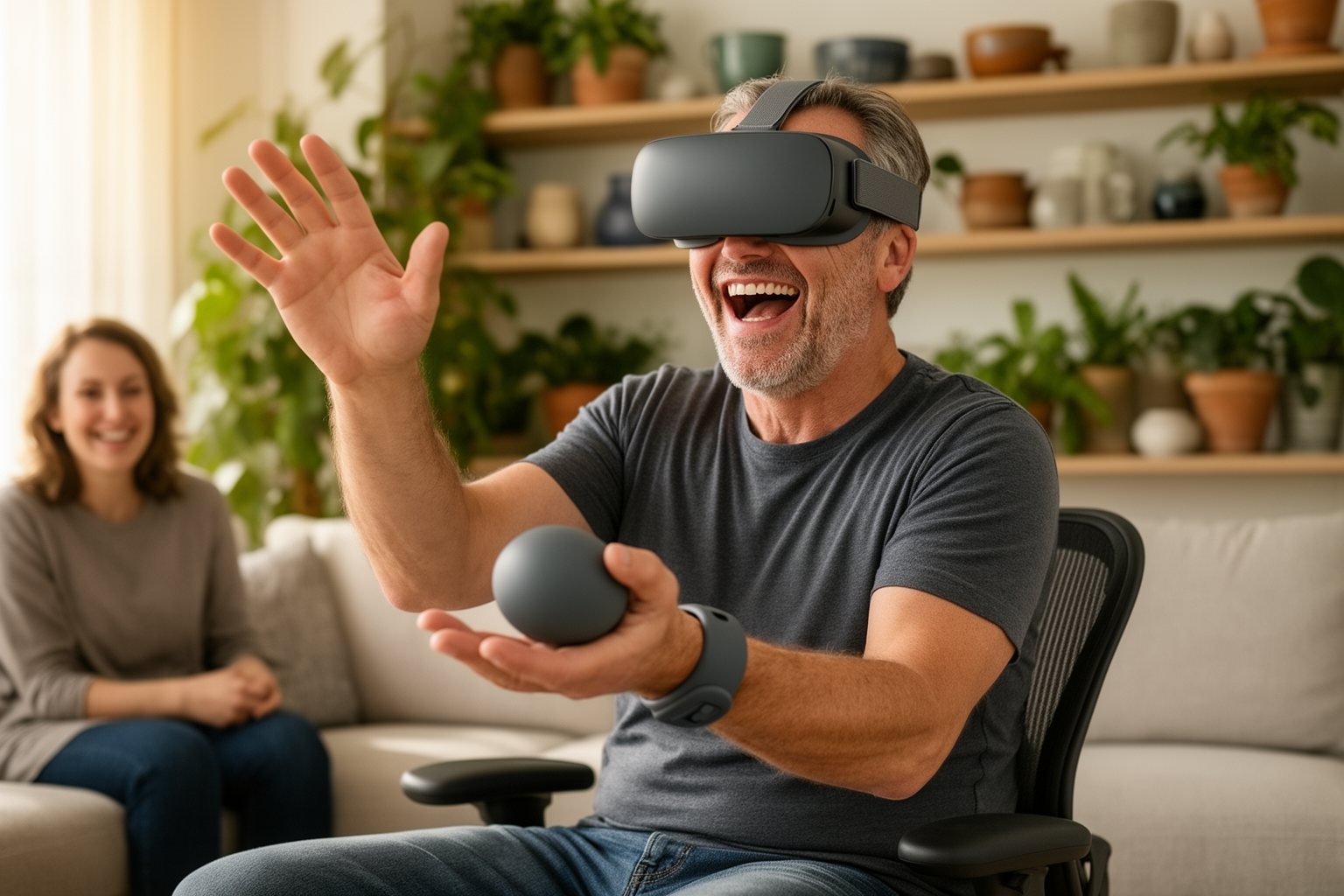 Virtual Reality Gaming: The Next Generation of Play Older man in a VR headset laughing on a swivel chair as he plays a virtual reality game