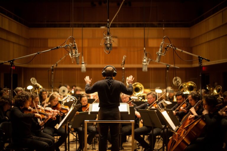 A Symphony of Emotions: The Invisible Power of Music in Film Orchestra recording a film score on a scoring stage as a conductor leads the musicians