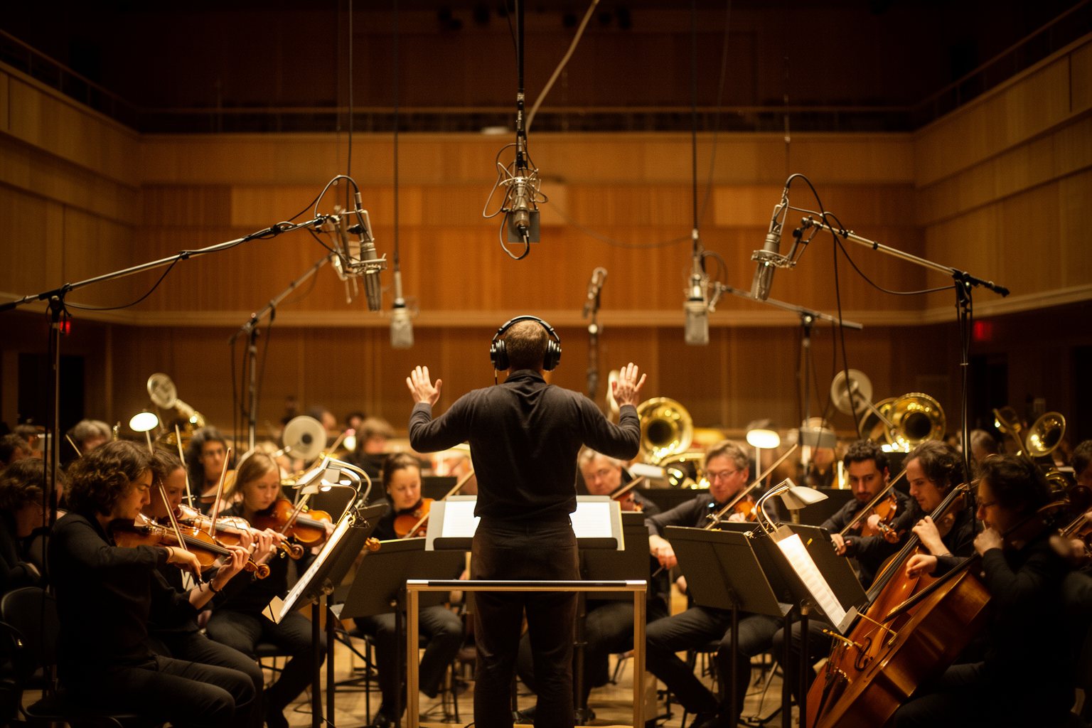 A Symphony of Emotions: The Invisible Power of Music in Film Orchestra recording a film score on a scoring stage as a conductor leads the musicians