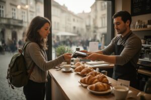 Managing Finances Abroad: A Practical Money Guide Traveler paying by phone at a café counter in a European old town while managing finances abroad