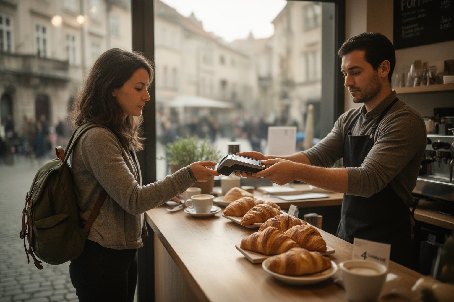 Managing Finances Abroad: A Practical Money Guide Traveler paying by phone at a café counter in a European old town while managing finances abroad