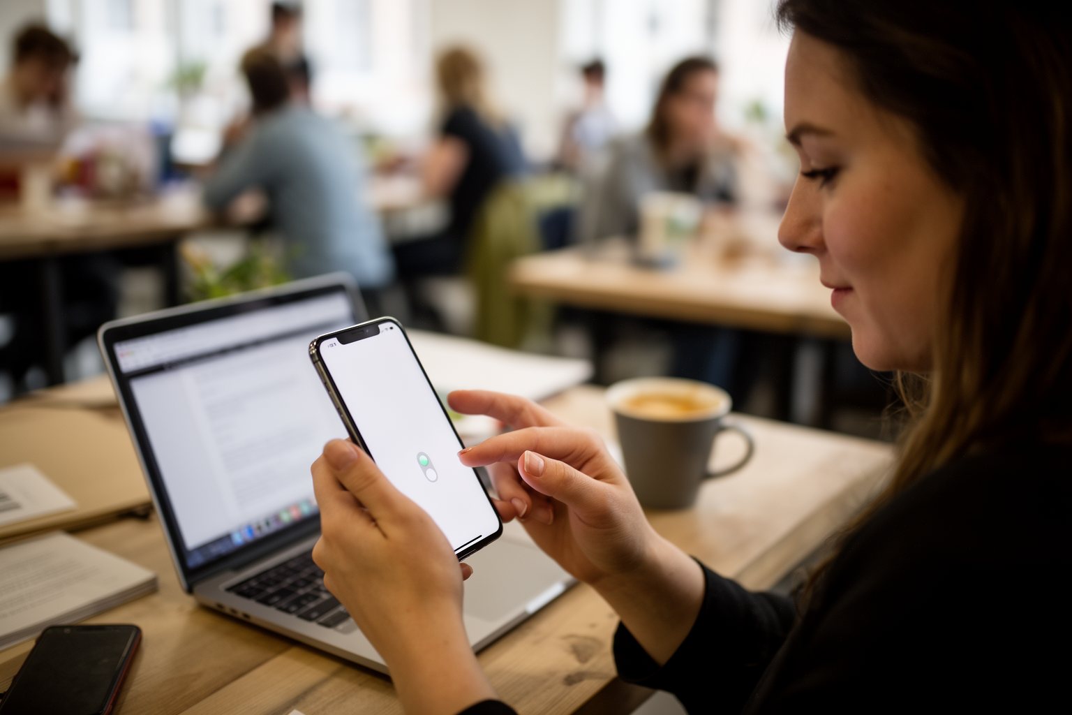 ExpressVPN vs NordVPN vs ProtonVPN: The Ultimate Showdown Woman switching on a VPN on her phone in a co-working space for security and privacy