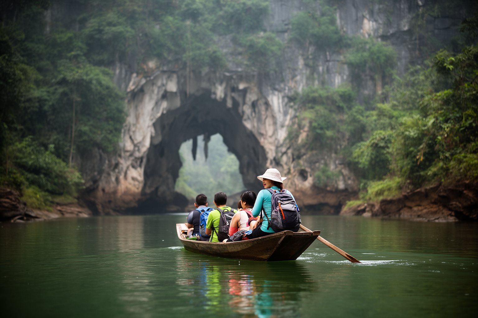 10 Budget-Friendly Backpacker Destinations to Explore Wooden boat carrying backpackers on a river into a limestone cave mouth at Phong Nha-Ke Bang, Vietnam