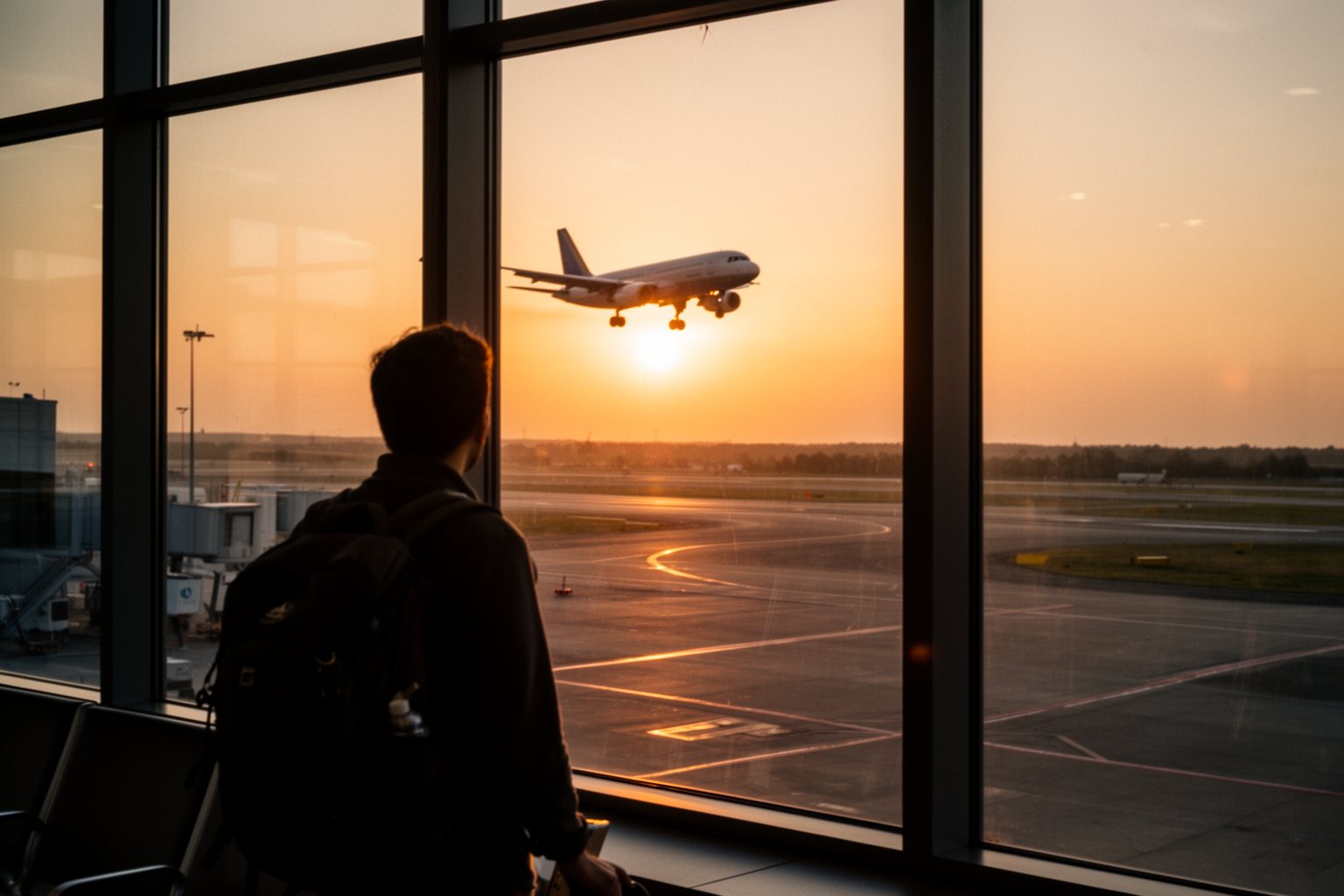 Traveller at a terminal window watching a plane take off at sunset, a trip paid for with points