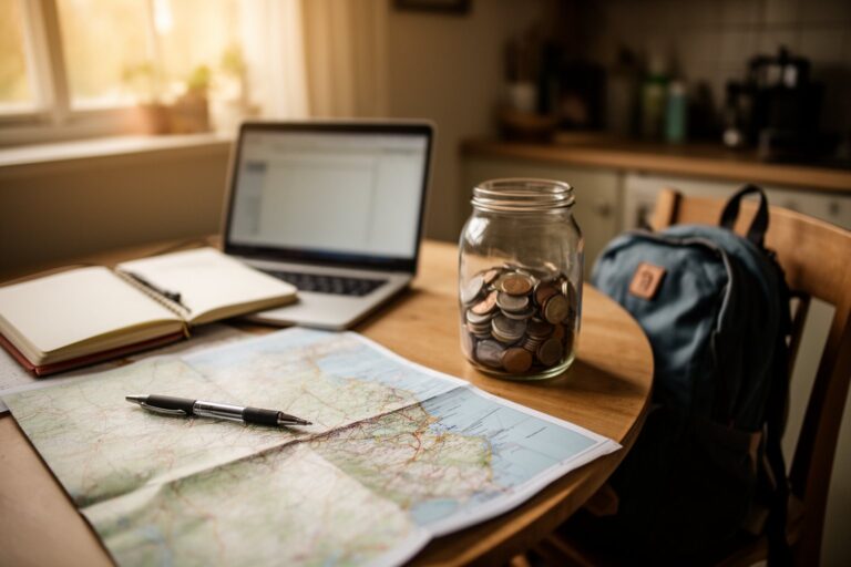 5 Unbelievable Ways to Plan a Trip on a Shoestring Budget Traveller planning a trip on a shoestring budget at a kitchen table with a map, laptop and coin jar