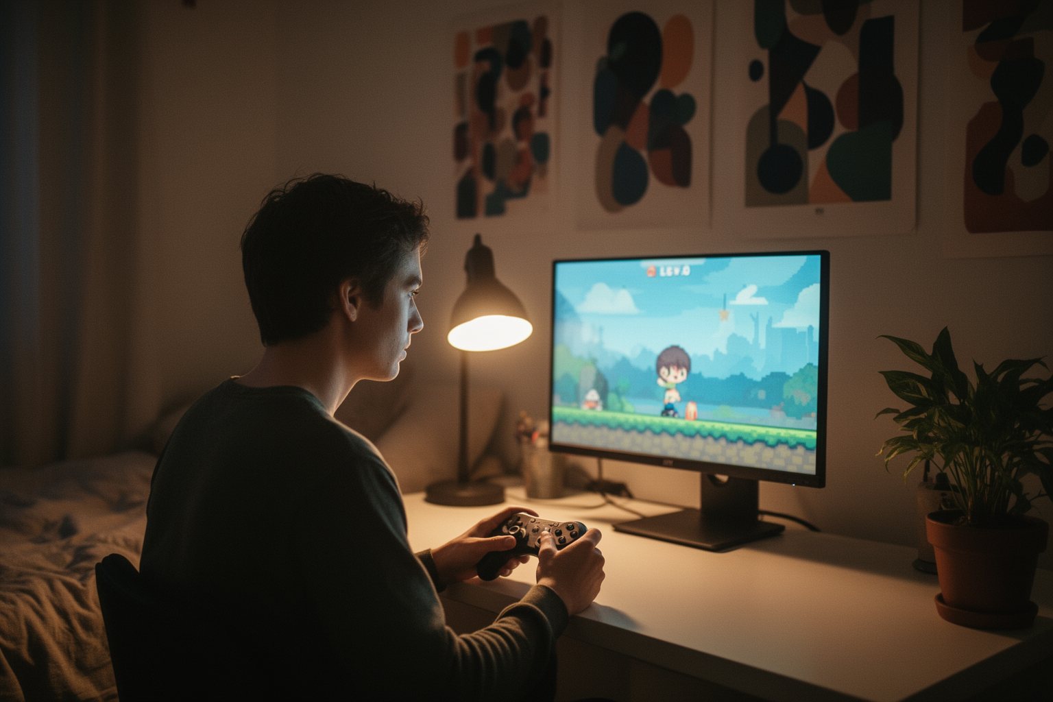Unleashing the Indie Giants: Your Ultimate Guide to the Year's Best Indie Games Player at a desk at night playing a hand-drawn style indie game on a monitor in a cosy room