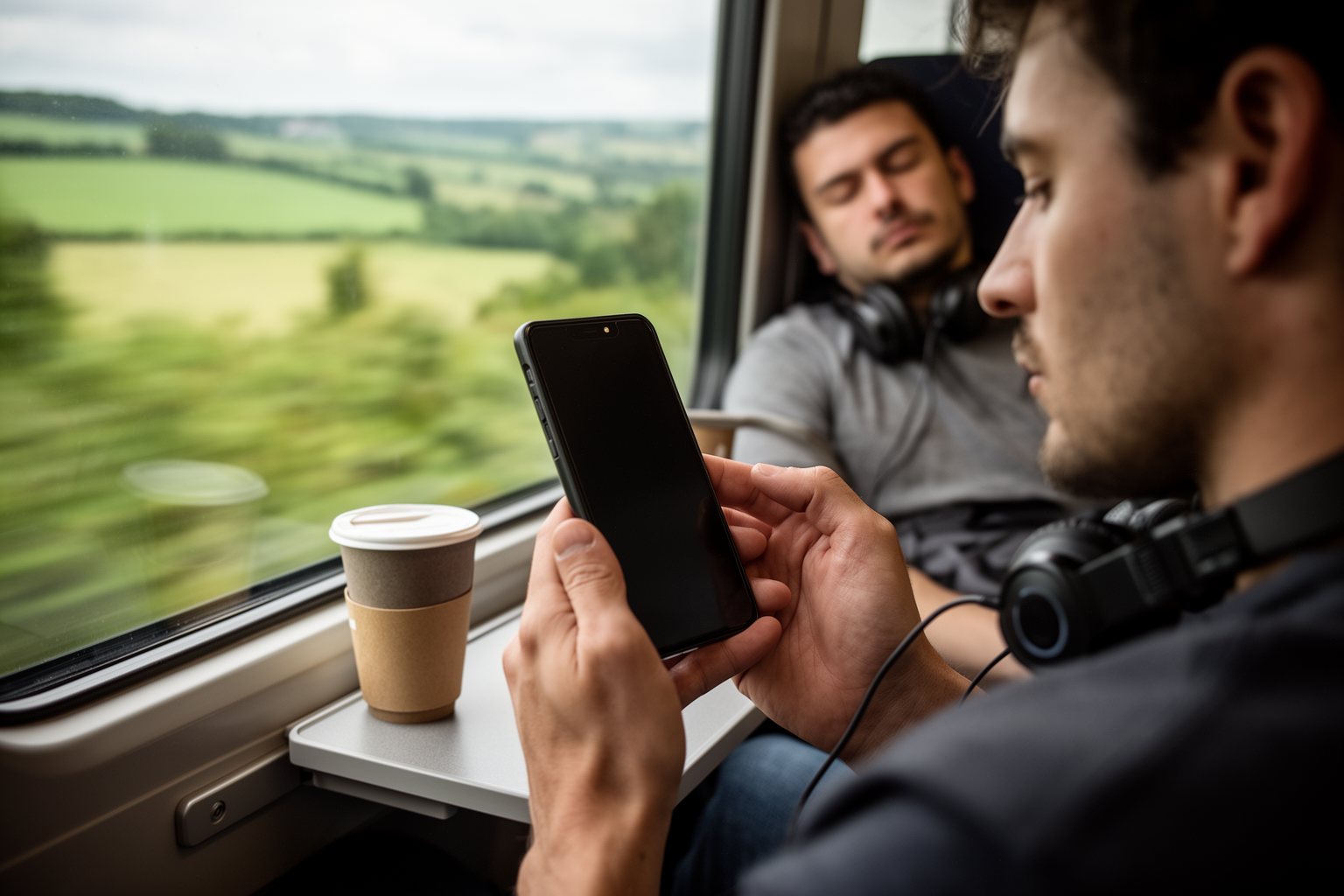 Commuter reading private email on a phone on a train
