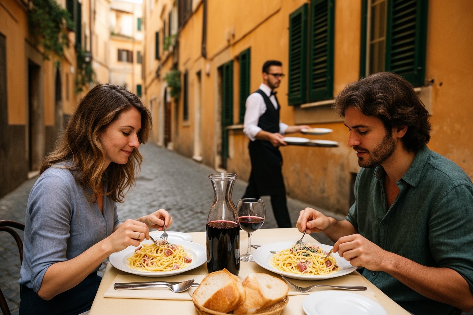 Dining Like a Local: A Gastronomic Journey Around the World Couple eating carbonara with red wine at a trattoria table on a cobbled lane in Rome