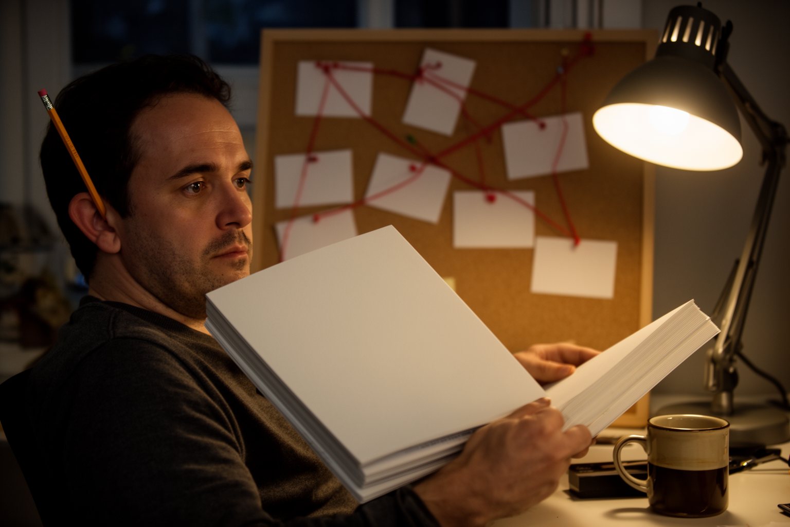 Behind The Scenes: The Shocking Truth About Blockbuster Movie Creation! Screenwriter revising a script at a desk under a lamp late at night