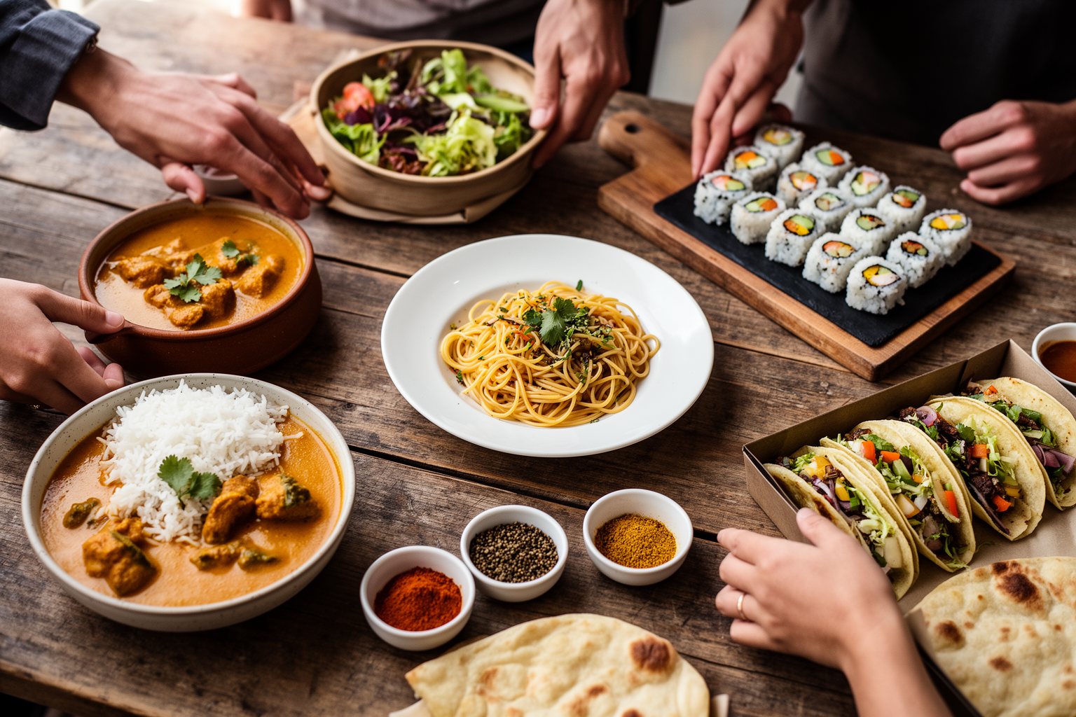 Dining Like a Local: A Gastronomic Journey Around the World Overhead view of a shared table with curry, pasta, sushi and tacos as friends reach for the dishes