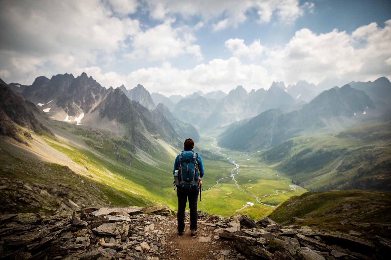 Solo Traveling Pros and Cons: Perks, Pitfalls and Tips Solo traveller with a backpack looking out over a wide alpine valley from a mountain trail