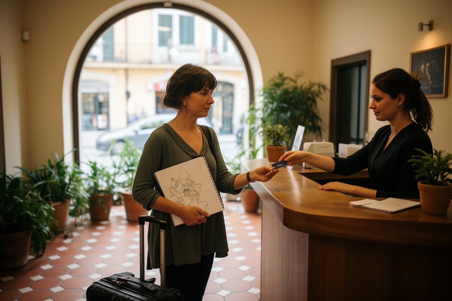 Woman with a suitcase checking in at a boutique hotel reception booked with credit card points
